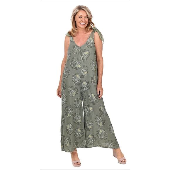 Women’s Small 100%‎ Linen Olive Print Wide Jumpsuit Shoulder Bows Boho Lagenlook - Picture 1 of 16
